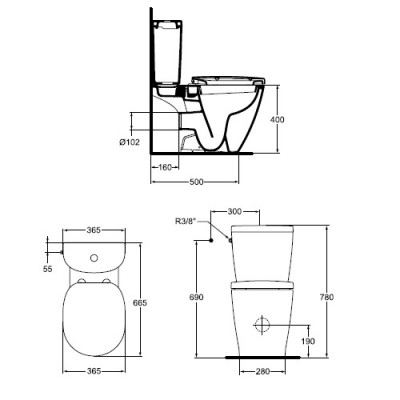 Set vas wc cu rezervor Arc, cu alimentare laterala, Ideal Standard Connect E803601+E786101 - tech