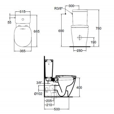 Set vas wc cu functie de bideu si rezervor alimentare laterala Cube, Ideal Standard Connect E781701+E797101 - tech