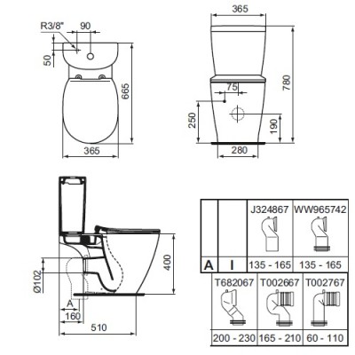 Set vas wc AquaBlade, cu rezervor alimentare inferioara Arc, Ideal Standard Connect E042901+E785601 - tech