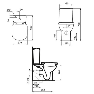 Set vas wc BTW, Compact, cu rezervor alimentare inferioara, Ideal Standard Tempo T328101+T427301 - tech
