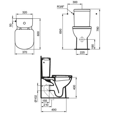 Set vas wc BTW, Compact, cu rezervor alimentare laterala, Ideal Standard Tempo T328101+T427401 - tech
