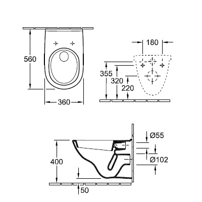 Set vas wc suspendat Direct Flush cu capac soft close Villeroy & Boch O Novo 5660HR01 - tech