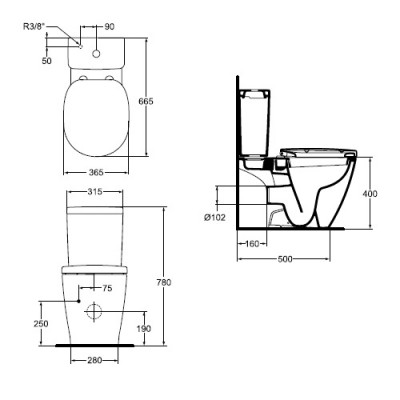 Set vas wc cu rezervor alimentare inferioara Cube, Ideal Standard seria Connect E803601+E797001 - tech