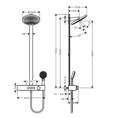 Sistem de dus Showerpipe 260 2jet cu baterie termostatata ShowerTablet Select 400, crom, Hansgrohe Pulsify S 24240000 tech