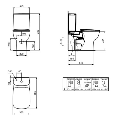 Set vas wc AquaBlade, cu rezervor alimentare inferioara, cu capac normal, Ideal Standard Esedra T386101+T282801+T318201 - tech