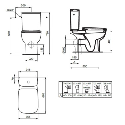 Set vas wc AquaBlade, cu rezervor alimentare laterala, Ideal Standard Esedra T386101+T323601 - tech
