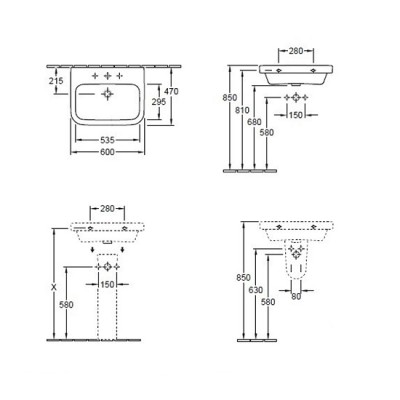 Lavoar suspendat, dreptunghiular, 60 cm, Villeroy & Boch Arhitectura 41886001 - tech