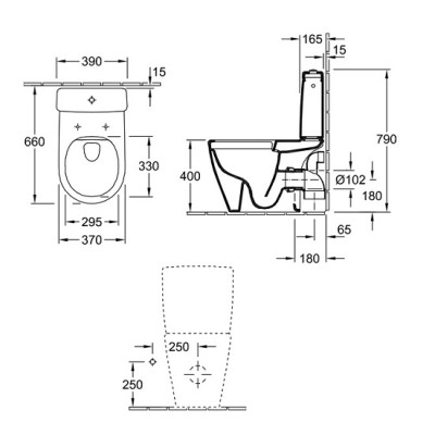 Set vas wc Direct Flush, cu rezervor alimentare laterala, Villeroy & Boch Avento 5644R001+77581101 - tech