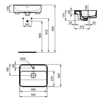 Lavoar semi-incastrat in blat, patrat, 50 cm cu preaplin, Ideal Standard Strada II T299301 - tech