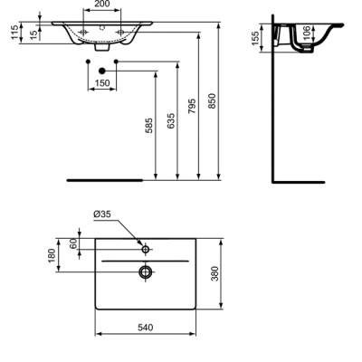 Lavoar suspendat adanc, dreptunghiular, alb, Ideal Standard Connect Air - tech 1