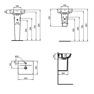 Lavoar suspendat 40x35 cm, Ideal Standard Connect Air Cube E074701 - tech