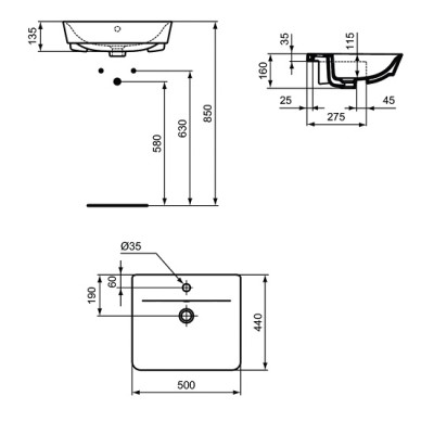 Lavoar semi-incastrat in blat, dreptunghiular, 50 cm cu preaplin, Ideal Standard Connect Air E030801 - tech