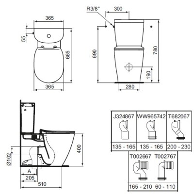 Set vas wc BTW Aquablade, cu rezervor alimentare laterala Arc si capac normal, Ideal Standard Connect E039701+E786101+E712801 - tech