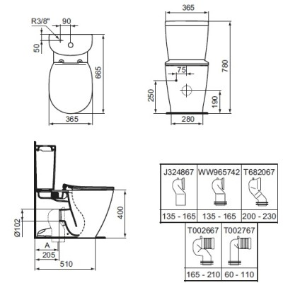 Set vas wc BTW Aquablade, cu rezervor alimentare inferioara Arc si capac soft close, Ideal Standard Connect E039701+E785601+E712701 - tech