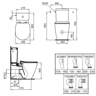 Set vas wc BTW Aquablade, cu rezervor alimentare laterala Cube si capac normal, Ideal Standard Connect E039701+E797101+E712801 - tech