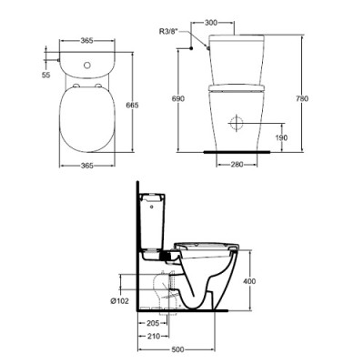 Set vas wc BTW, cu rezervor alimentare laterala Arc si capac normal, Ideal Standard Connect E803701+E786101+E712801 - tech