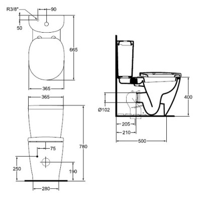 Set vas wc BTW, cu rezervor alimentare inferioara Arc si capac normal, Ideal Standard Connect E803701+E785601+E712801 - tech