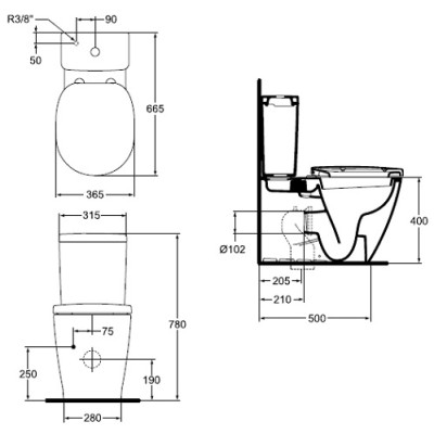 Set vas wc BTW, cu rezervor alimentare inferioara Cube si capac normal, Ideal Standard Connect E803701+E797001+E712801 - tech