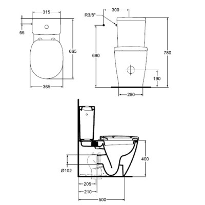 Set vas wc BTW, cu rezervor alimentare laterala Cube si capac normal, Ideal Standard Connect E803701+E797101+E712801 - tech