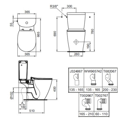 Set vas wc AquaBlade, cu rezervor alimentare laterala Arc, Ideal Standard Connect E042901+E786101 - tech
