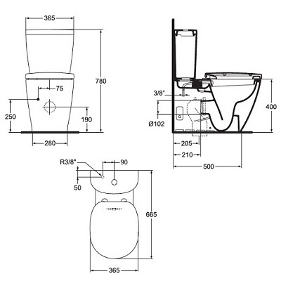 Set vas wc cu functie de bideu,cu rezervor alimentare inferioara Arc si capac soft close, Ideal Standard Connect E781701+E785601+E712701 - tech