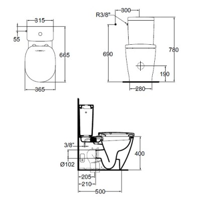 Set vas wc cu functie de bideu, cu rezervor alimentare laterala Cube si capac normaL, Ideal Standard Connect E781701+E797101+E712801 - tech