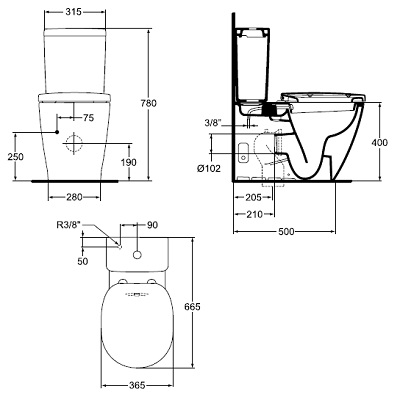 Set vas wc cu functie de bideu, cu rezervor alimentare inferioara Cube si capac normal, Ideal Standard Connect E781701+E797001+E712801 - tech