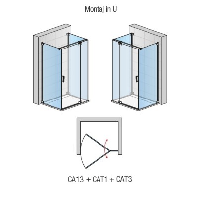 Cabina de dus rectangulara, din 3 pereti, cu usa batanta, Sanswiss Cadura CA13 + CAT1 + CAT3 Black Line - tech