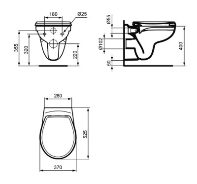 Vas WC suspendat Rimless, cu capac soft close, Ideal Standard Eurovit K881001+W303001 - tech