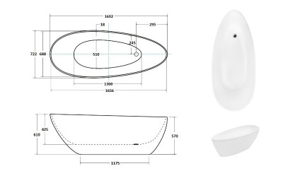 Cada de baie freestanding ovala, 170 cm, alba, Besco Goya BSCWMD-170-G - tech
