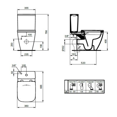 Set vas wc cu functie de bideu, cu rezervor alimentare inferioara, Ideal Standard i.life B T537101+T472401 - tech