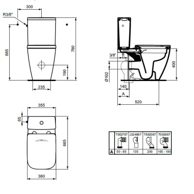 Set vas wc cu functie de bideu, cu rezervor alimentare laterala, Ideal Standard i.life B T537101+T472501 - tech