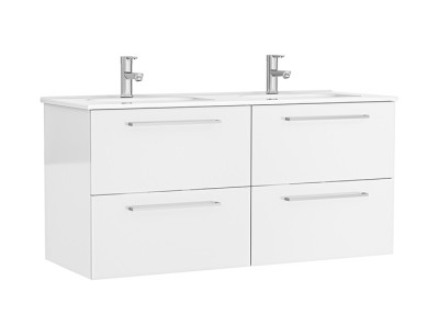 Set mobilier de baie suspendat patru sertare, cu lavoar ceramic doua cuve, Gala Handy 4C - alb lucios