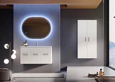 Set mobilier de baie cu lavoar ceramica si oglinda LED, alb mat (Bianco opaco), Baden Haus Miami 55319+50200+44997