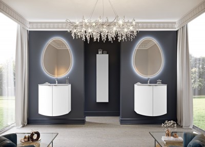 Set mobilier de baie cu lavoar rasina si oglinda LED, alb mat (Bianco opaco), Baden Haus Eclisse 55170+50158+44777