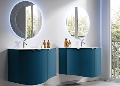 Set mobilier de baie cu lavoar bazin stanga din rasina si oglinda LED, albastru petrol (Blu petrolio), Baden Haus Eclisse 55172+55175+50153+45010 - amb 1
