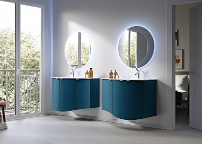 Set mobilier de baie cu lavoar bazin dreapta din sticla si oglinda LED, albastru petrol (Blu petrolio), Baden Haus Eclisse 55172+55178+82408+45010