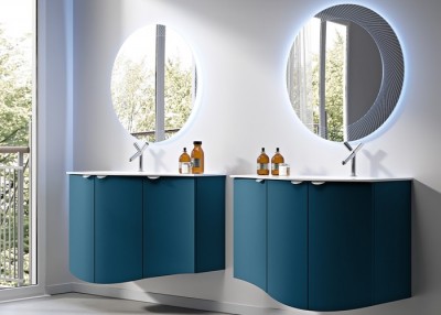 Set mobilier de baie cu lavoar bazin dreapta din sticla si oglinda LED, albastru petrol (Blu petrolio), Baden Haus Eclisse 55172+55178+82408+45010 - amb 1