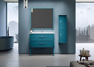Set mobilier de baie cu picioare, cu lavoar ceramica, albastru petrol (Blu petrolio), Baden Haus Tiffany 54953+40388+50200