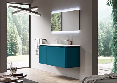 Set mobilier de baie suspendat, cu lavoar rasina si oglinda LED, albastru petrol (Blu petrolio), Baden Haus Icona 55232+50265+45006