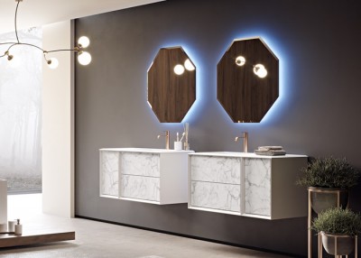 Set mobilier de baie suspendat, cu lavoar rasina si oglinda LED, piatra alba (White stone), Baden Haus Bellagio 54865+54885+50213+45079