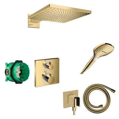 Sistem de dus fix si mobil incastrat, cu baterie termostatata, auriu lucios (polished gold optic), Hansgrohe Ecostat Square 15714990 set