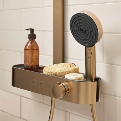 Sistem de dus Showerpipe 260 2jet EcoSmart, cu baterie termostatata ShowerTablet Select 400, bronz satinat (brushed bronze), Hansgrohe Pulsify S 24241140 - detaliu 1