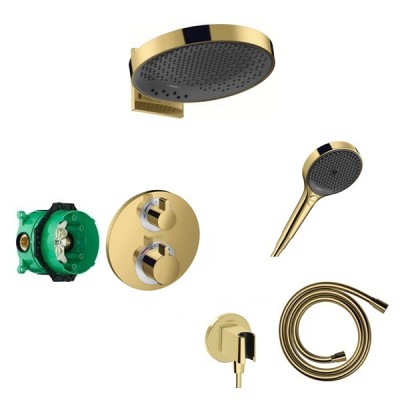Sistem de dus fix si mobil incastrat, cu baterie termostatata, auriu lucios (polished gold optic), Hansgrohe Ecostat S 15758990 set