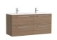 Set mobilier de baie suspendat patru sertare, cu lavoar ceramic doua cuve, Gala Handy 4C - nuc mat
